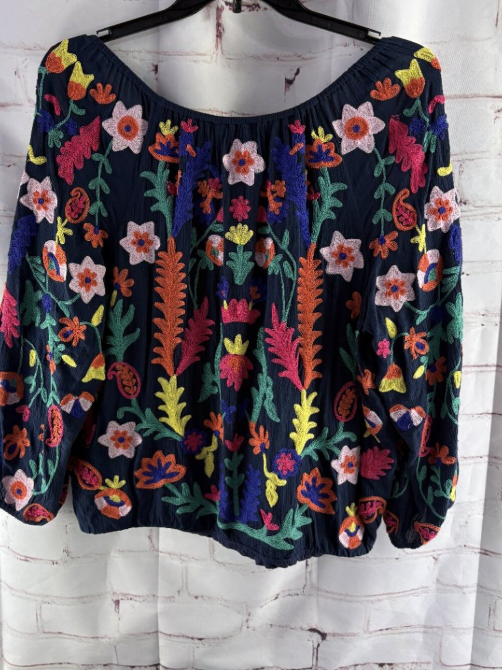 Soft Surroundings Banjara Navy Embroidered Floral Peasant Top XL - Picture 3 of 5